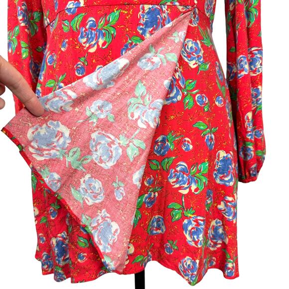Zara | Red Floral Print Long Sleeve V-neck Crossover Mini Romper Dress - Picture 7 of 13